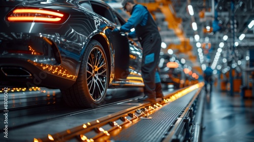 Realistic image of an automotive engineer inspecting a vehicle assembly line