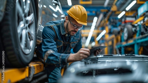 Realistic image of an automotive engineer inspecting a vehicle assembly line