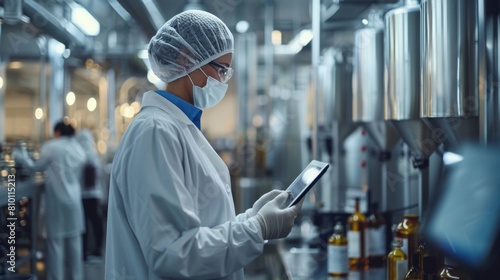 pharmaceutical expert in gloves and lab coat reviewing production data on a digital tablet, in a sterile manufacturing environment. photo
