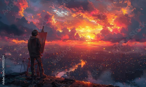 Painter on a city rooftop at sunset, easel capturing the changing sky, expressive, urban artist scene