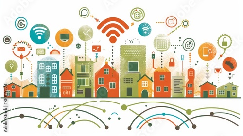   City image with numerous iconic landmarks emerging from it, featuring a Wi-Fi symbol above