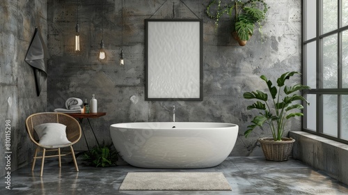 Luxurious bathroom with a modern bathtub  framed blank poster  and rustic decorations on a textured background  imbued with natural light  realistic