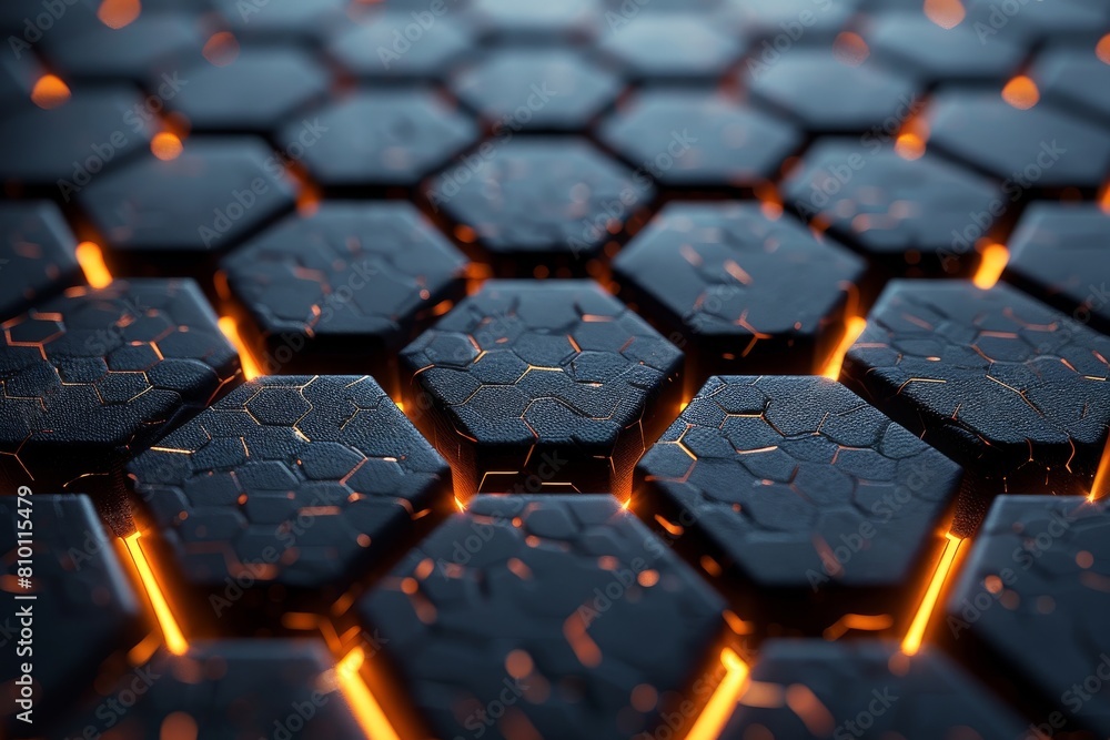 A close-up view of a 3D rendered hexagonal pattern with bright orange neon lines glowing between the gaps A close-up view of a 3D rendered hexagonal pattern with bright orange neon lines glowing between the gaps