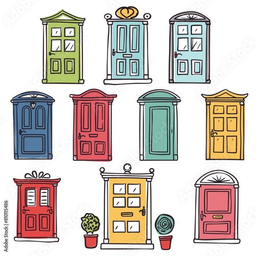 Collection colorful doors various designs cartoon style. Set handdrawn house entrances, urban architecture doodle. Bright front doors, city buildings access points, decorative elements vector