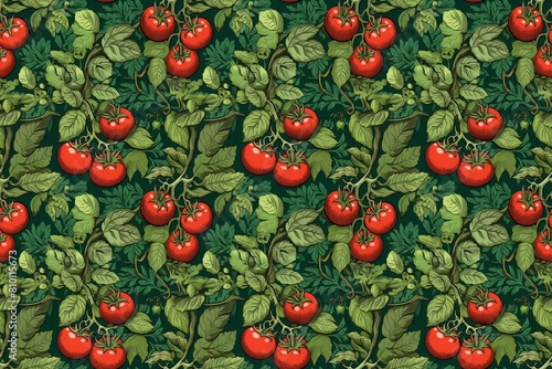 Ripe red tomatoes on lush green vines against a dark background