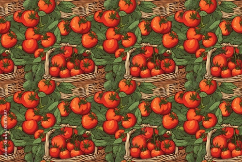 Baskets brimming with ripe tomatoes arranged in a seamless pattern