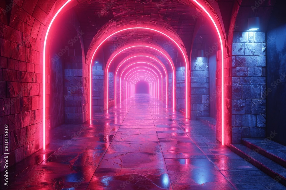 A captivating perspective down a corridor with archways illuminated by red neon lights