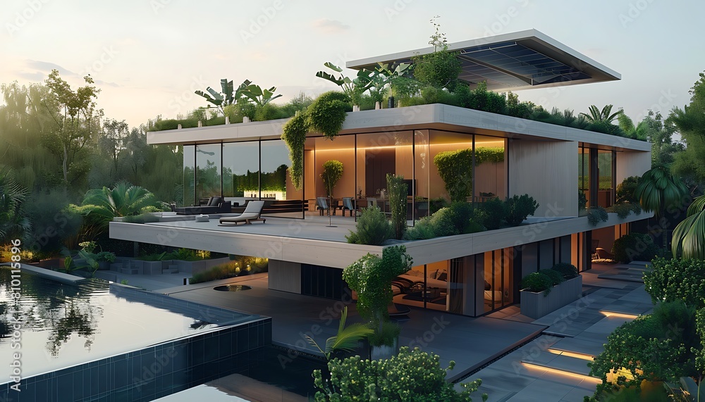 Fototapeta premium 3d rendering of modern greenery cozy house with pool and parking for sale or rent in luxurious style. Sunset with beautiful sky.