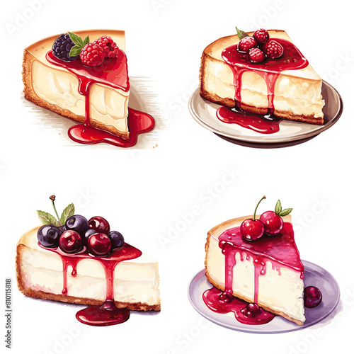 A delicious collection of cheesecake slices topped with fresh berries and drizzled with fruit sauce. Perfect for bakery promotions, dessert photography, and gourmet food designs.