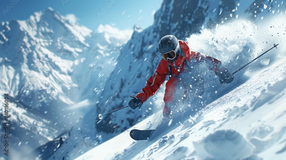 skier speeding down a snowy mountain, captured in sharp focus with detailed snow spray against a clear sky.