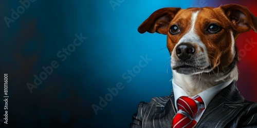 Dressed-up dog poised for success in the corporate world. Concept Pets in Business Attire, Canine Professionals, Dog Boss Vibes, Work-Ready Pooch, Corporate Canine photo
