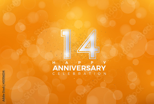Fourteenth, 14th  Anniversary celebration, 14 Anniversary celebration, Realistic 3d sign, Orange background, festive illustration, Silver number 4 sparkling Glitter, 14,15 photo