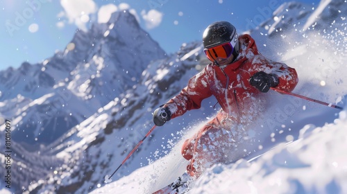 skier speeding down a snowy mountain, captured in sharp focus with detailed snow spray against a clear sky.