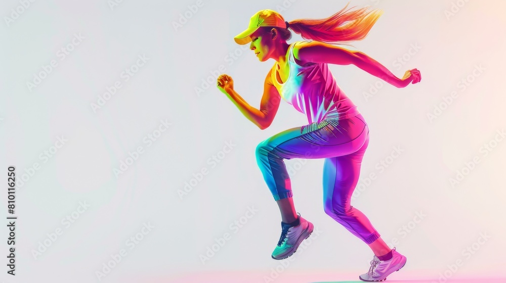 a young woman in colorful athletic wear, performing an aerobic exercise, full of vitality, against a white studio background.