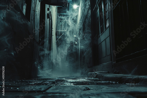 Mysterious Figure Lurking in a Misty Alley at Night