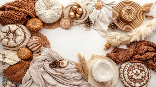 A collection of hats, scarves, and other knick knacks arranged in a circle photo