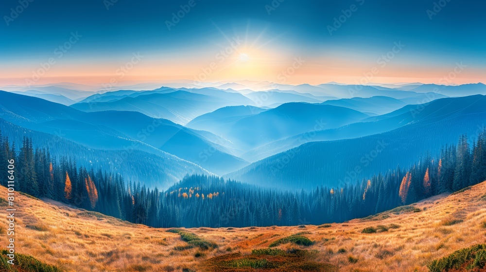 A scene of a mountain range, painted with pine trees and distant mountains beneath a sun-filled sky A scene of a mountain range, painted with pine trees and distant mountains beneath a sun-filled sky