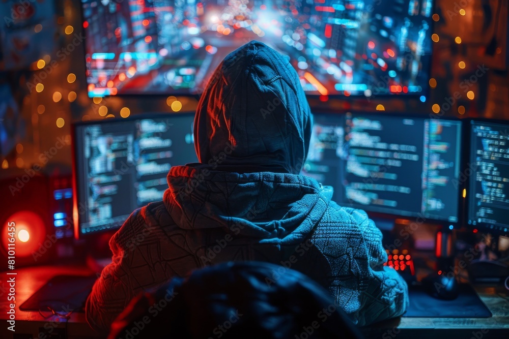 A mysterious hacker is engrossed in work, surrounded by multiple screens in a dark, neon-lit room, suggesting cyber security and technology themes A mysterious hacker is engrossed in work, surrounded by multiple screens in a dark, neon-lit room, suggesting cyber security and technology themes