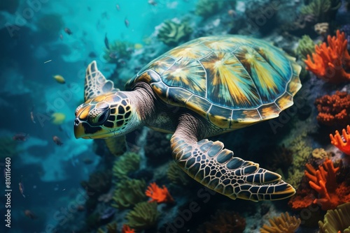 Vibrant sea turtle glides through the water surrounded by colorful corals in its natural habitat