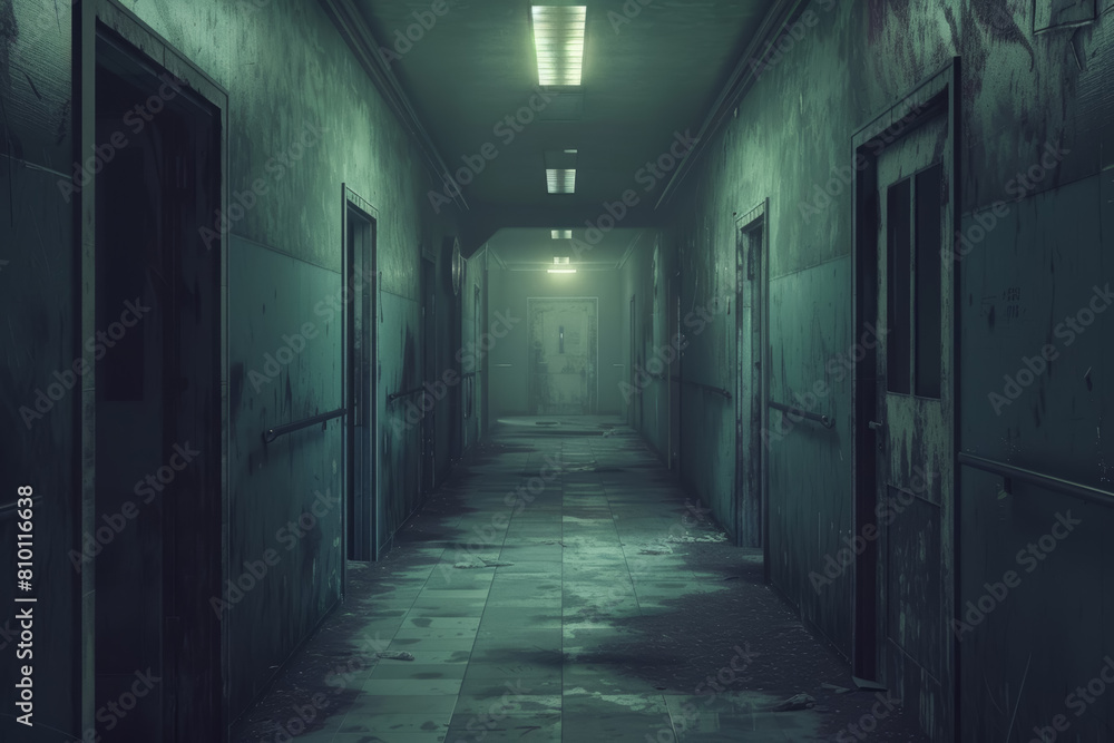 Haunted Hospital Corridor with Flickering Lights and Creaking Doors