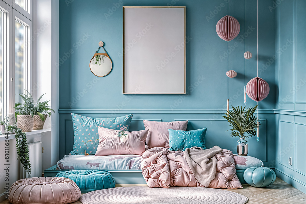 Mockup frame, cozy children's room interior background, frames, blue and pink, home hanging picture decoration