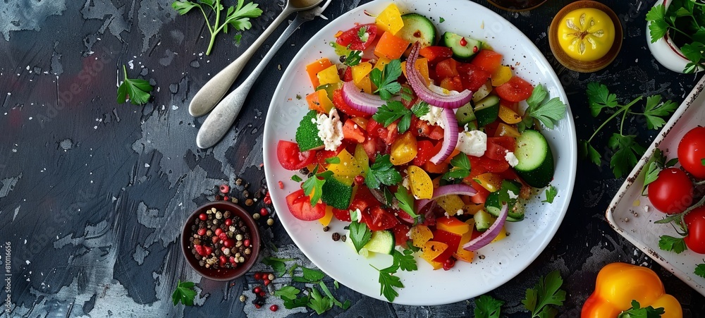 Fresh vegetable salad with parmesan in a white plate. spices, cutlery. Oliya. Fresh vegetable salad with parmesan in a white plate. spices, cutlery. Oliya.