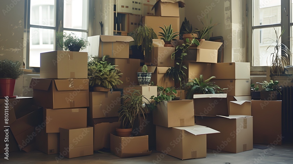 Stacked Moving Boxes in a Sunny Room. Cardboard Boxes with Plants. Relocation Concept, New Beginning. Organized Chaos, Packing Process. Indoor Setting, Daylight. AI Stacked Moving Boxes in a Sunny Room. Cardboard Boxes with Plants. Relocation Concept, New Beginning. Organized Chaos, Packing Process. Indoor Setting, Daylight. AI