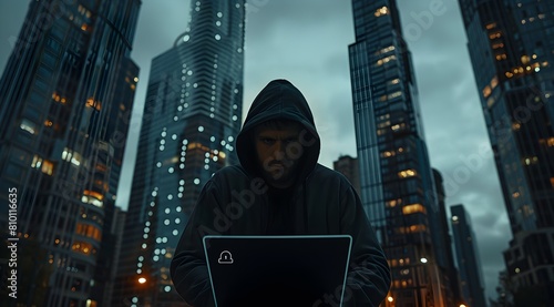 Hacker in a black hoodie with a laptop and a padlock icon on a dark background, cyber attack concept