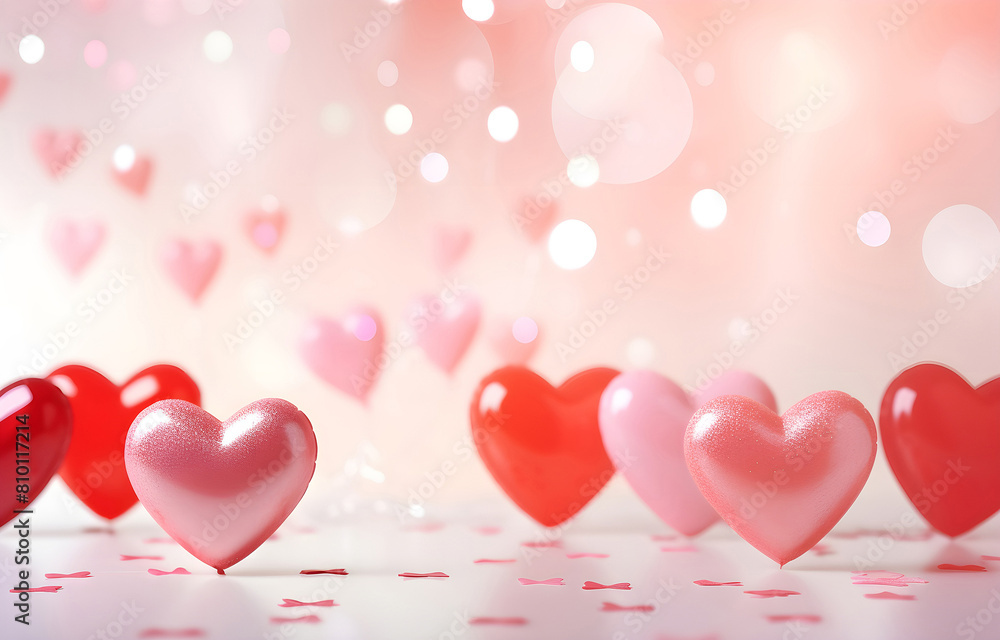 golden, red and pink heart shape balloons over white bokeh blurr golden, red and pink heart shape balloons over white bokeh blurr