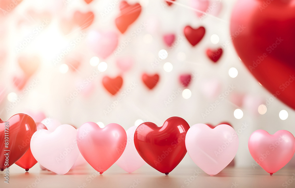 golden, red and pink heart shape balloons over white bokeh blurr