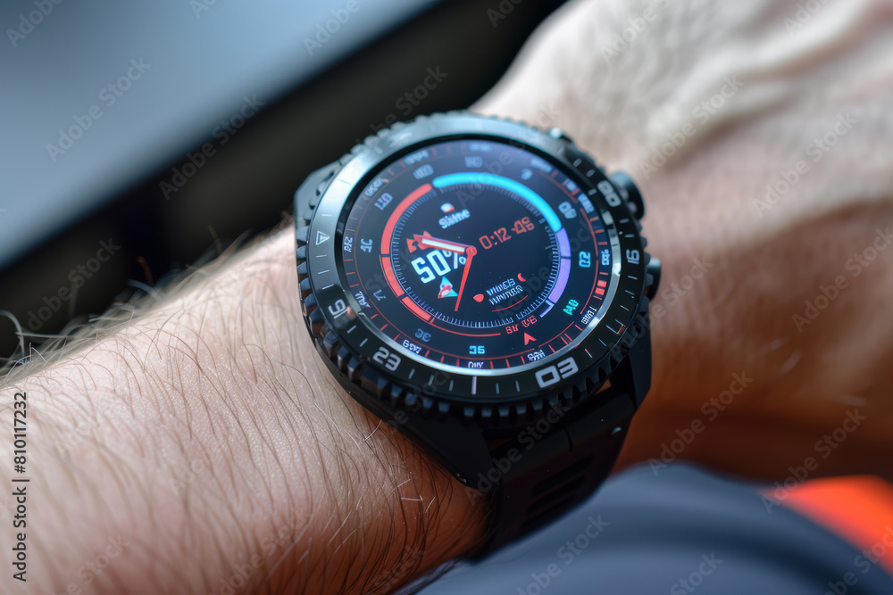 Close-Up View of a Fitness Watch on a Wrist Displaying Workout Progress Metrics Close-Up View of a Fitness Watch on a Wrist Displaying Workout Progress Metrics
