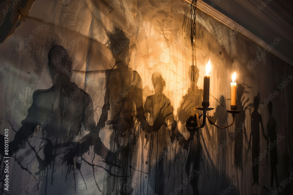 Creepy Shadows and Flickering Candlelight on a Spooky Wall Scene