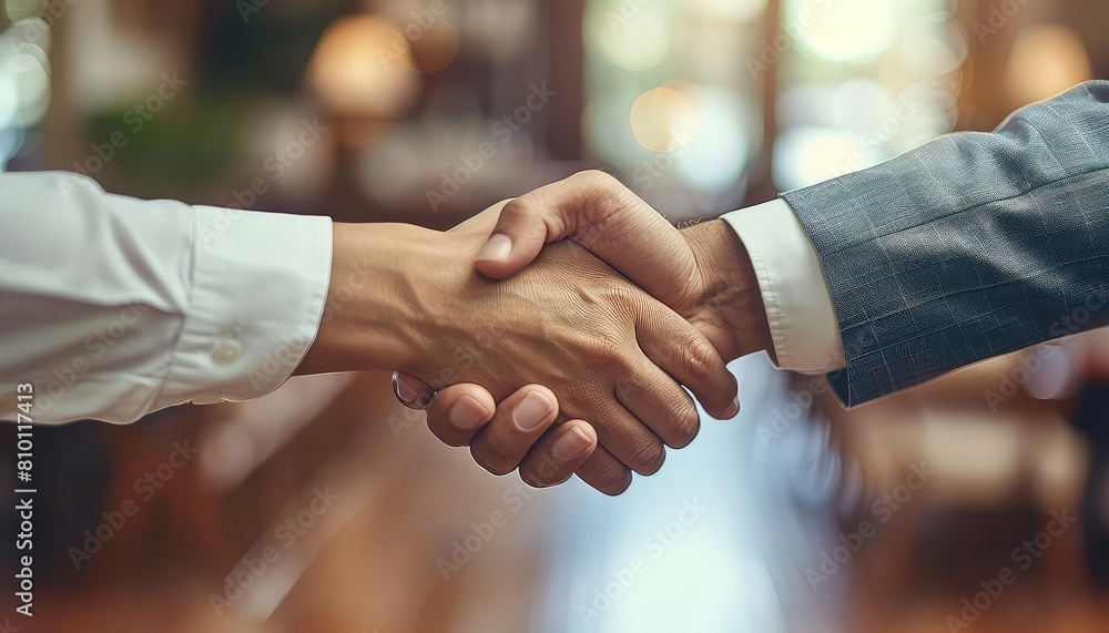 Successful negotiation between business partners, handshake over a contract, satisfied, mutual benefits Successful negotiation between business partners, handshake over a contract, satisfied, mutual benefits