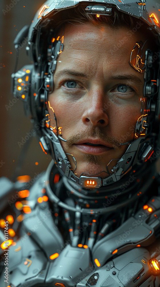 Portrait of a man. Half face in cyberspace. Artificial intelligence concept Portrait of a man. Half face in cyberspace. Artificial intelligence concept