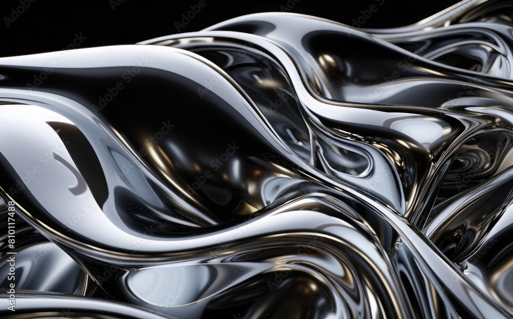 3d render of fluid liquid shapes, chrome silver metal, isolated on black background, collection set