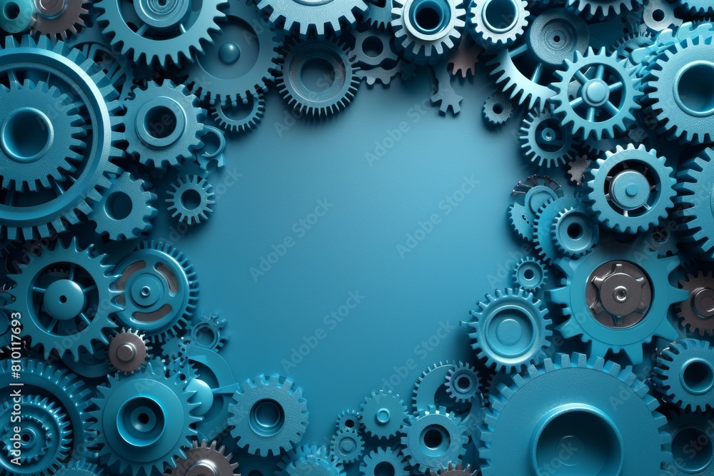 Broad view of various sizes of blue gears with central open space for text or concepts