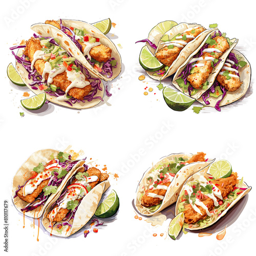 Delicious fish tacos with crispy fillets, cabbage slaw, lime, and creamy sauce in soft tortillas. Great for Mexican food art, recipe blogs, menus, and street food visuals.

