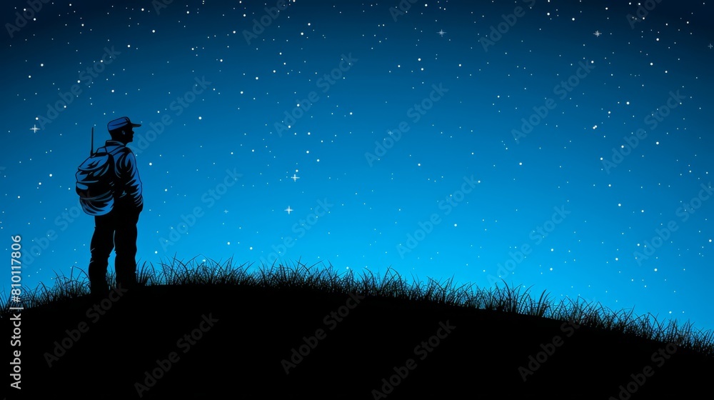 A man's silhouette atop a hill against a backdrop of night sky, adorned with stars and a full moon A man's silhouette atop a hill against a backdrop of night sky, adorned with stars and a full moon