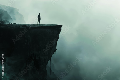 Silhouette of a Person on Cliff Edge Symbolizing Fear of Heights and Danger photo