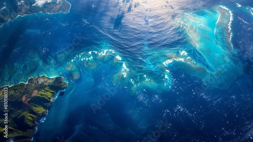 satellite passing over tropical regions of Earth, showcasing vibrant land colors and ocean blues