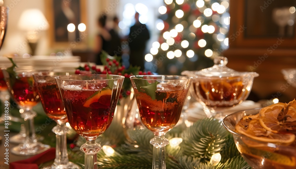 closeup of drinks at a Christmas diner party 