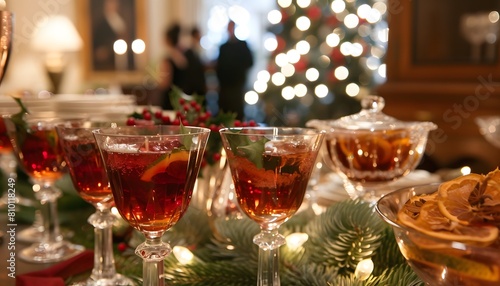 closeup of drinks at a Christmas diner party 