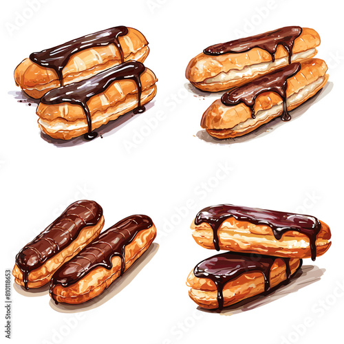 Realistic eclair illustrations with glossy chocolate glaze, perfect for dessert menus, bakery branding, or food-themed creative projects.