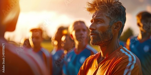 soccer player  showing a coach and players discussing formations  captured in sharp focus.