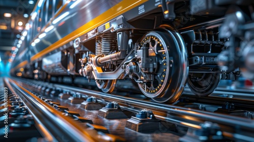 the braking system inspection on a high-speed train, showcasing intricate mechanical components and engineering expertise.