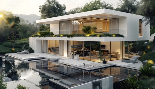 3d rendering of modern cozy house with pool and parking for sale or rent in luxurious style.