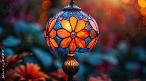 A beautiful stained glass lamp sits on a table in a garden