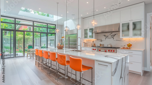 A large, bright, and airy modern kitchen with sleek white cabinetry and a marble island, complemented by vibrant orange bar stools. Floor-to-ceiling windows provide a stunning view of a lush garden photo