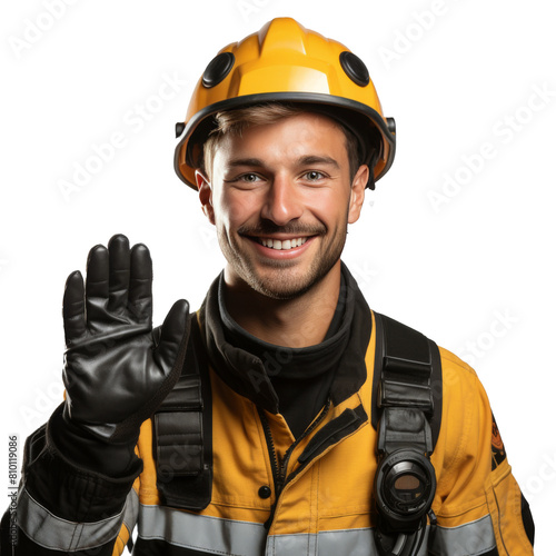 Man Wearing Firemans Helmet and Gloves