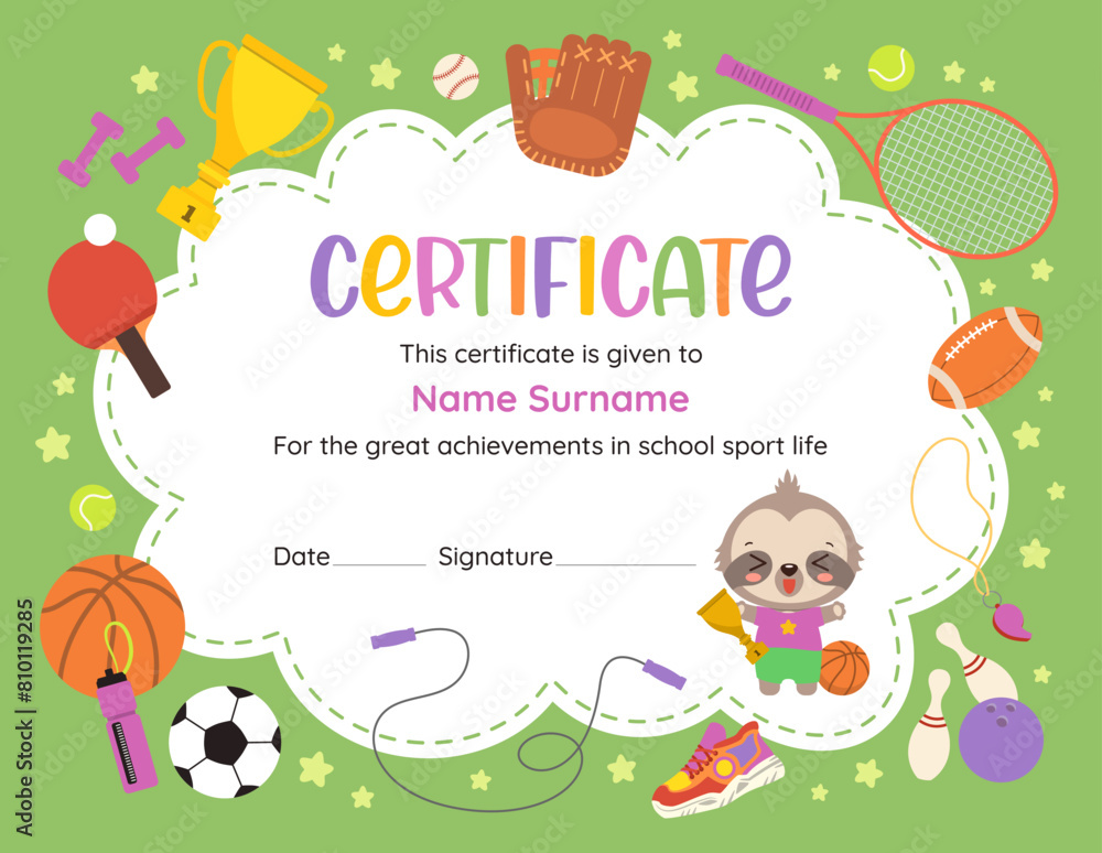 Cute sports certificate template featuring kawaii cartoon character sloth and vibrant sport icons. Perfect for celebrating young achievers athletic success in elementary school. Vector flat graphics.